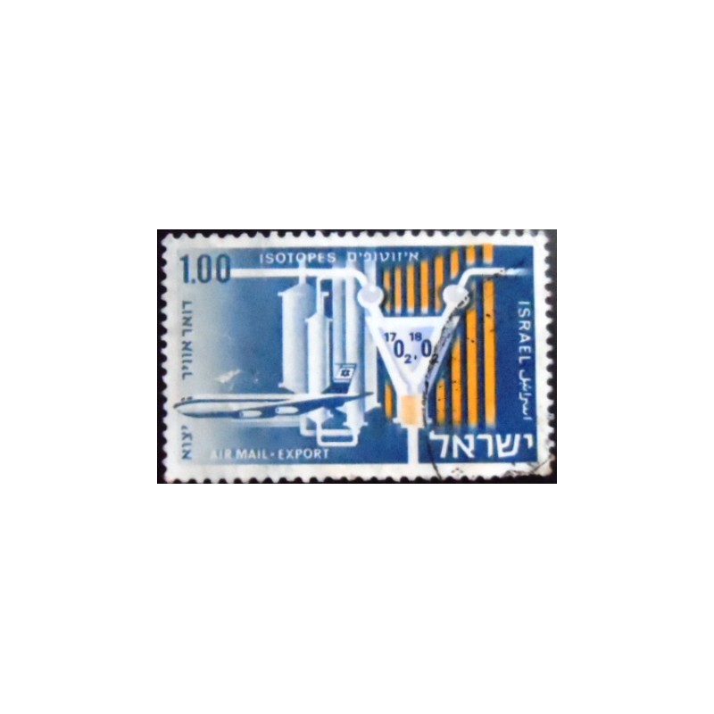 Imagem do selo postal de Israel de 1968 Jet and Atomic Isotopes anunciado