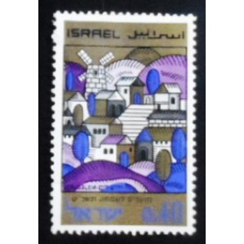 Imagem do selo postal de Israel de 1968 Yemin Moshe District and Mount of Olives anunciado