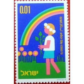 Imagem do selo postal de Israel de 1975 Girl carrying plant anunciado