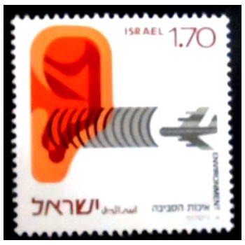 Imagem do selo postal de Israel de 1975 Ear and Jet M anunciado