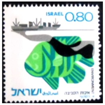 Imagem do selo postal de Israel de 1975 Fish and Oil Tanker anunciado