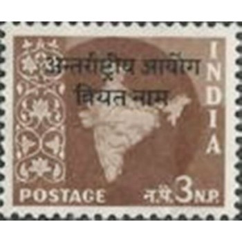 Imagem do selo postal da Índia de 1963 Map of India Vietnam Overprint 3 anunciado