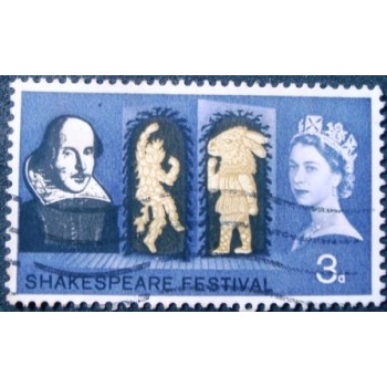 Imagem similar à do selo postal do Reino Unido de 1964 Shakespeare Festival anunciado