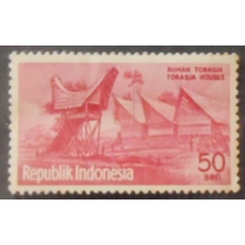 Imagem do selo postal da Indonésia de 1961 Toraja houses