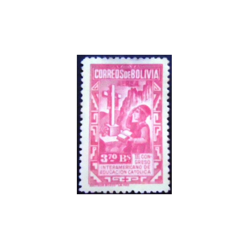 Selo postal anunciado da Bolívia de 1948 Child kneeling before cross of