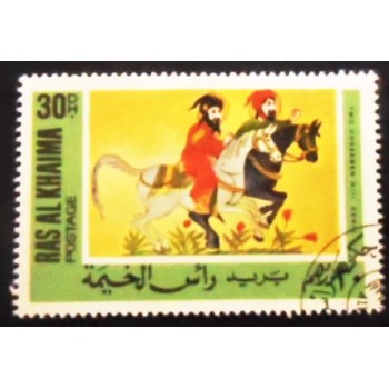 Selo postal de Ras Al Khaima de 1967 Two horsmen anunciado