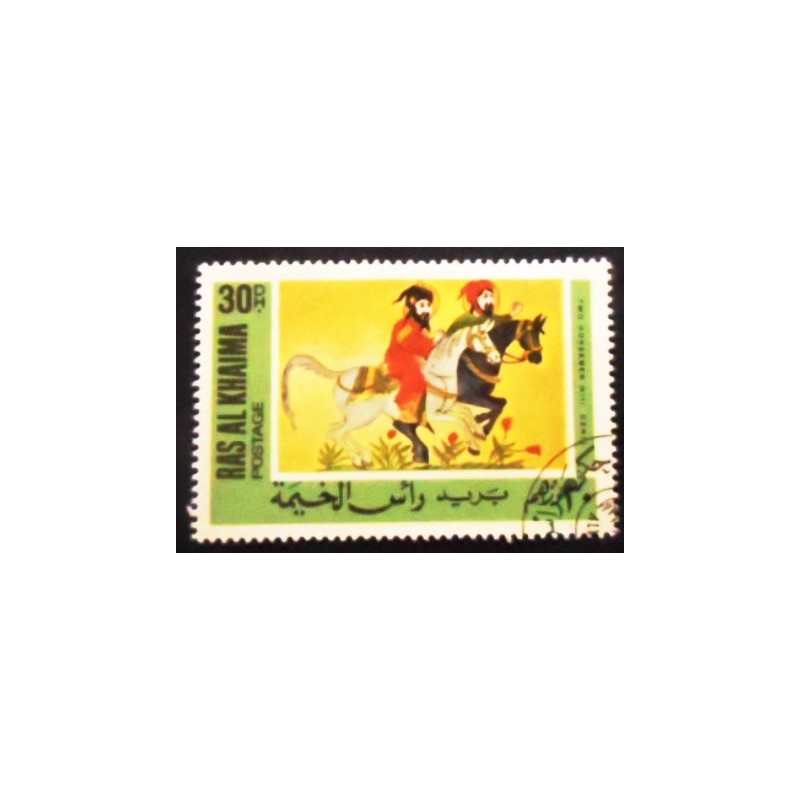 Selo postal de Ras Al Khaima de 1967 Two horsmen anunciado