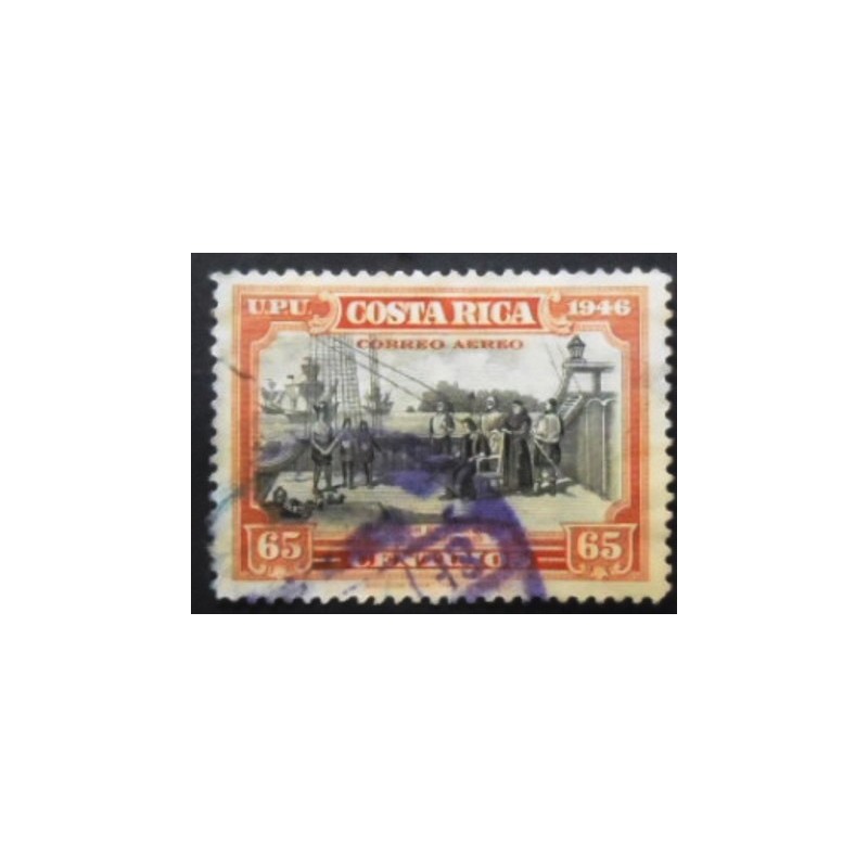 Selo postal da Costa Rica de 1947 Colon en Cariari anuunciado