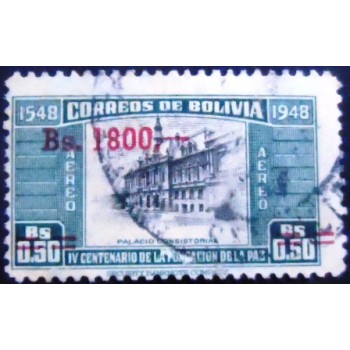 Imagem do selo postal anunciado da Bolívia de 1957 Consistorial Palaceand Llama