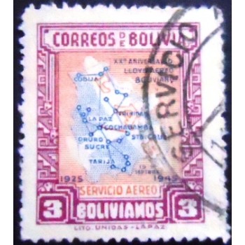 Selo postal da Bolívia de 1945 Map of Bolivian Air Lines 3