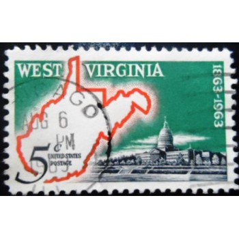 Selo postal dos Estados Unidos de 1963 Map of West Virginia U