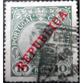 Imagem similar á do selo postal de Portugal de 1910 King Manuel II REPUBLICA 10
