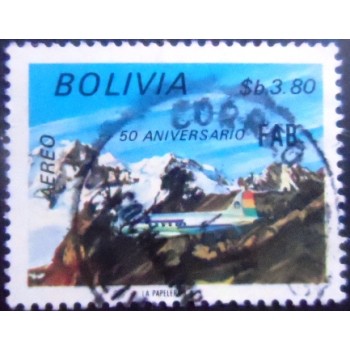 Selo postal da Bolívia de 1974 Cargo Airplane over Andes