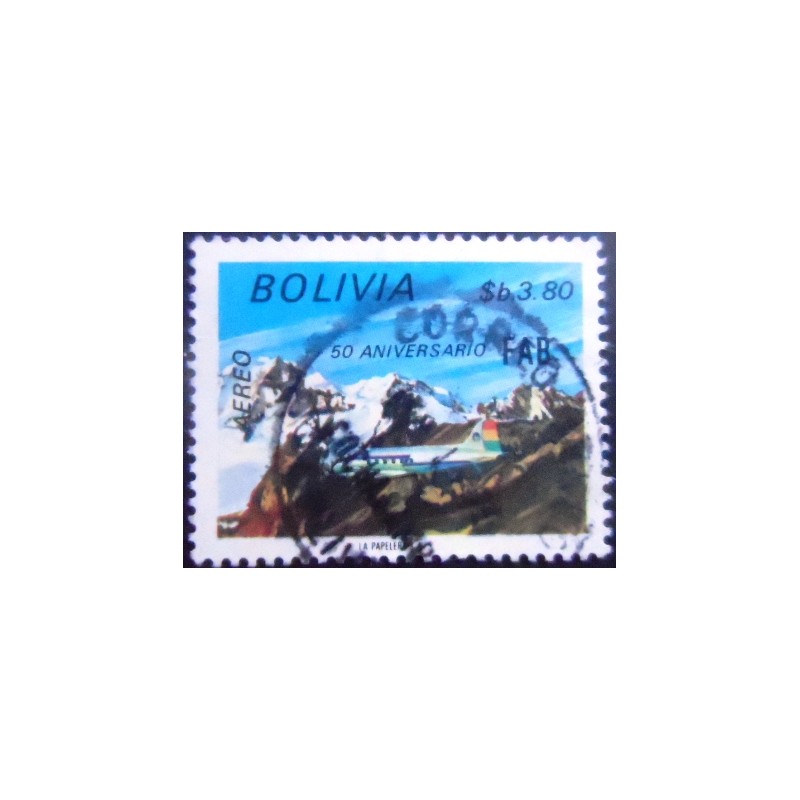 Selo postal da Bolívia de 1974 Cargo Airplane over Andes