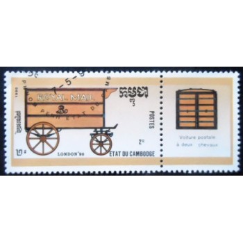 Selo postal do Cambodja de 1990 Two-horse postal van