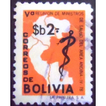Selo postal da Bolívia de 1978 Map and Rod of Asclepius