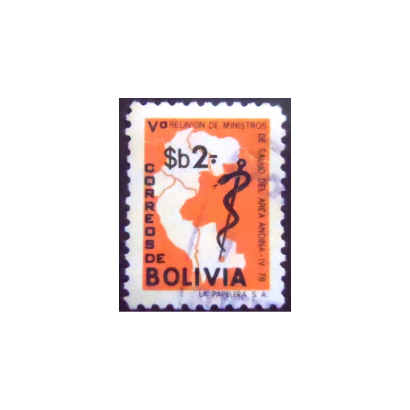 Selo postal da Bolívia de 1978 Map and Rod of Asclepius