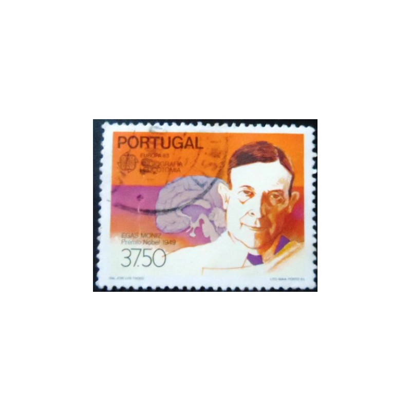 magem similar à do selo postal de Portugal de 1983 Egas Moniz