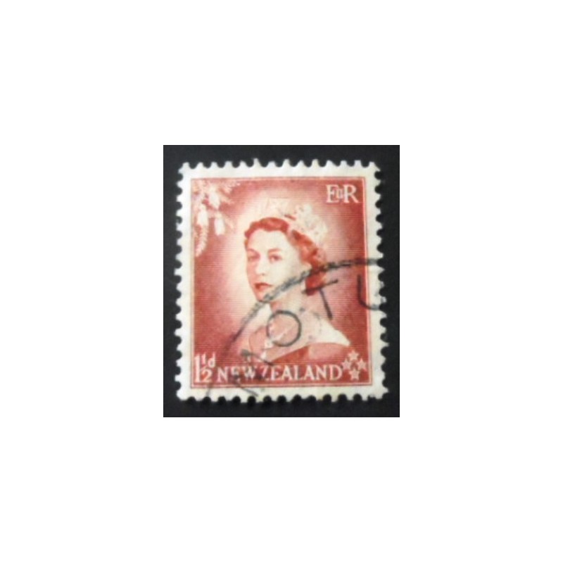 Imagem similarà do selo postal da Nova Zelândia de 1953 Queen Elizabeth II 1½