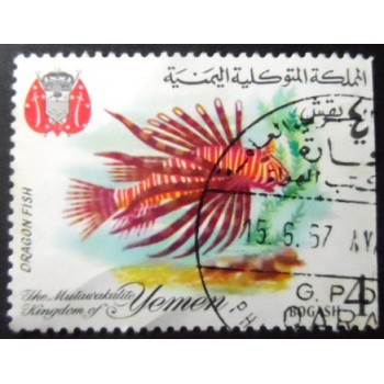 Selo postal do Reino do Iêmen de 1967 Lionfish com defeito