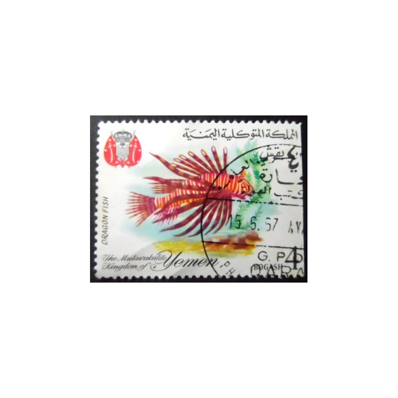 Selo postal do Reino do Iêmen de 1967 Lionfish com defeito