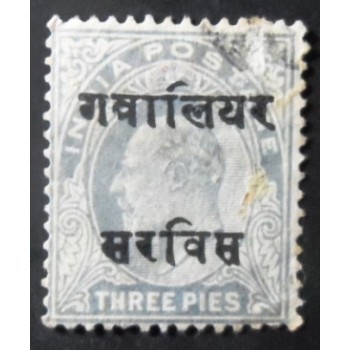 Selo postal da Índia Gwalior de 1907 King Edward VII 3 Oficial