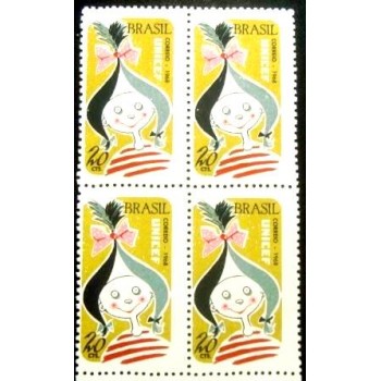 Quadra de selos do Brasil de 1968 UNICEF 20 M