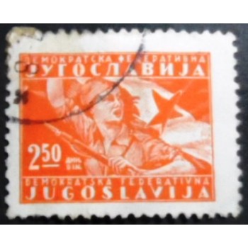 Selo postal da Iugoslávia de 1947 Partisan Girl and Flag