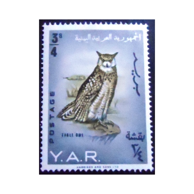 Imagem do selo postal anunciado da Rep. Árabe Yemen de 1965 Arabian Eagle-Owl