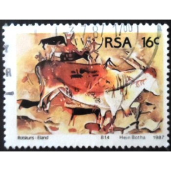 Selo postal da África do Sul de 1987 Eland and hunters