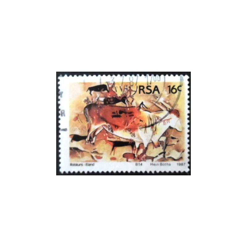 Selo postal da África do Sul de 1987 Eland and hunters