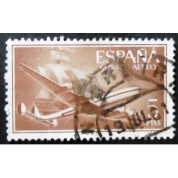 Selo postal da Espanha de 1955 Superconstellation and ship Santa Maria 5 U