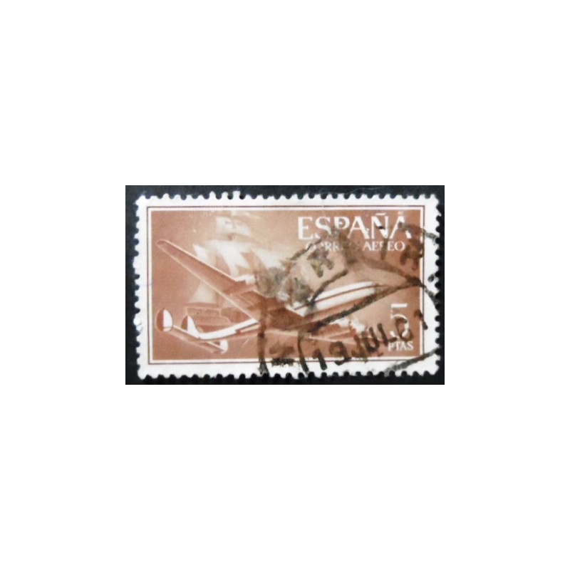 Selo postal da Espanha de 1955 Superconstellation and ship Santa Maria 5 U