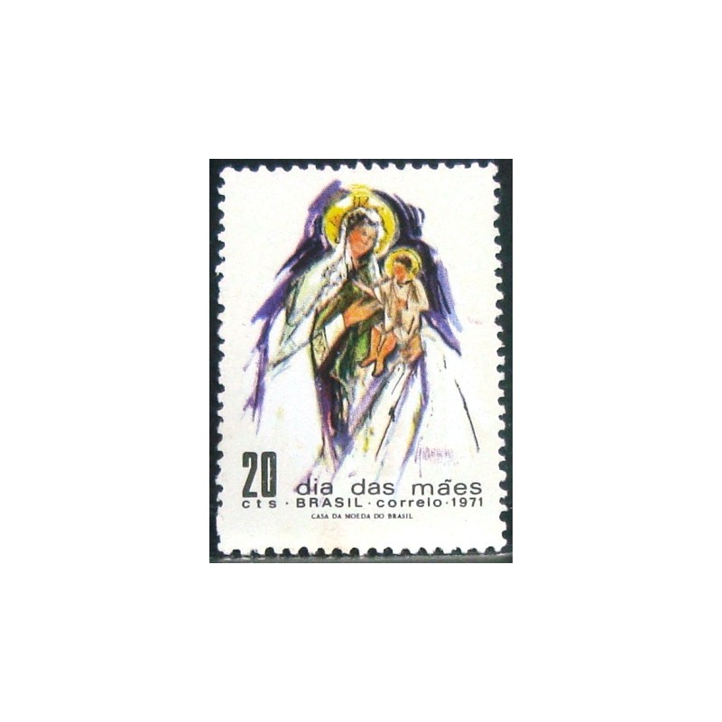 Selo postal do Brasil de 1971 Santa Mãe e Filho M