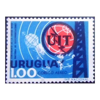Imagem do selo postal do Uruguai de 1966 UIT emblem and satellite