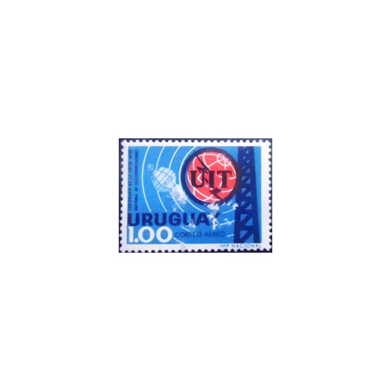 Imagem do selo postal do Uruguai de 1966 UIT emblem and satellite