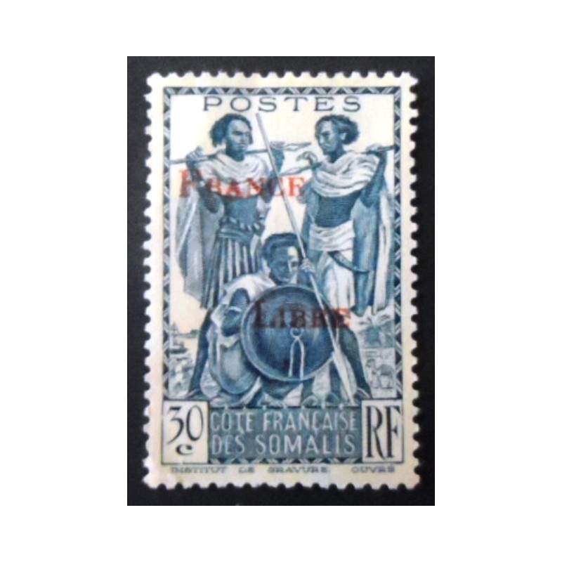 Selo postal da Somália Francesa de 1942 Warriors overprint 30