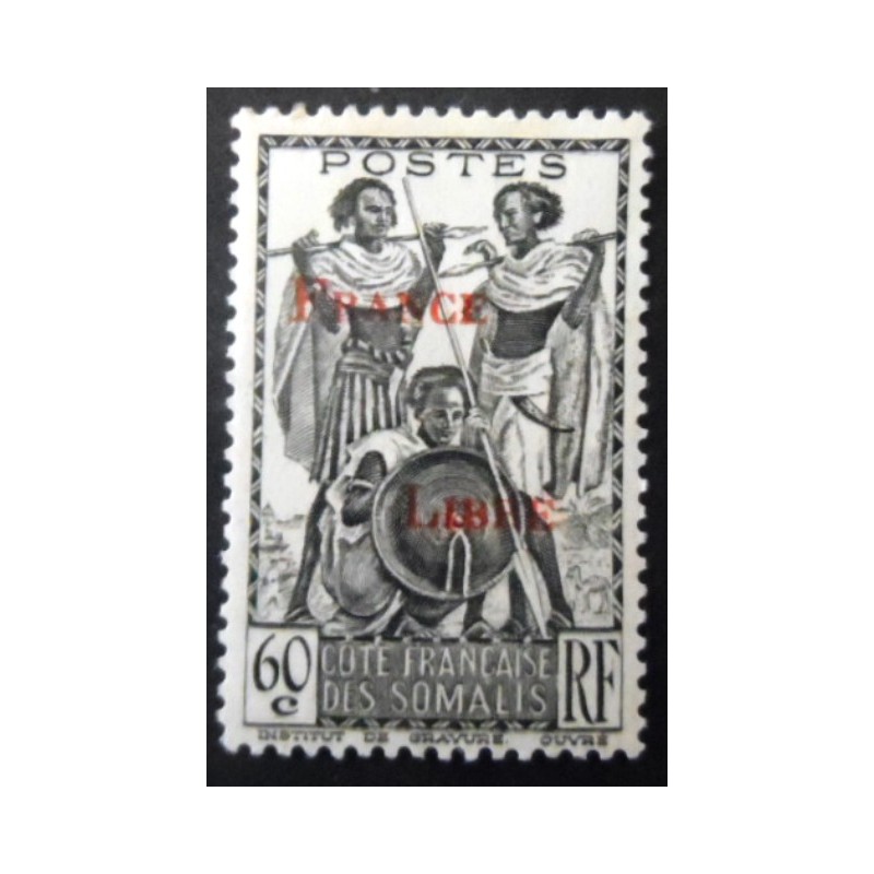 Selo postal da Somália Francesa de 1942 Warriors overprint 60