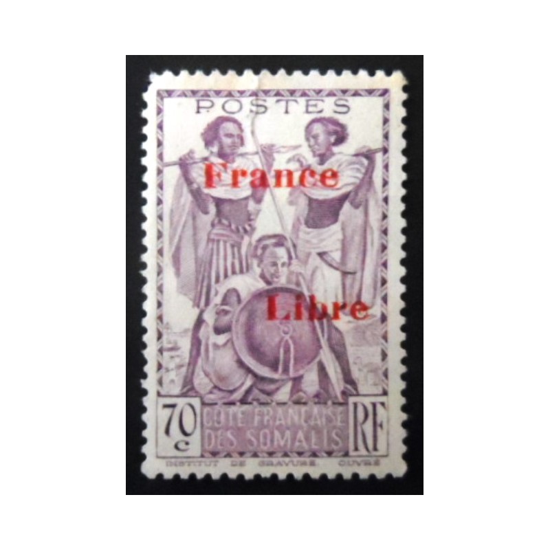 Selo postal da Somália Francesa de 1942 Warriors overprint 70