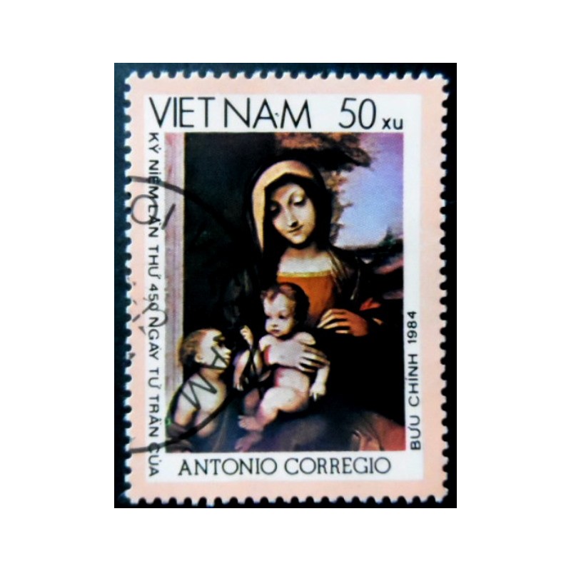 Selo postal do Vietnam de 1984 Madonna Bolognini