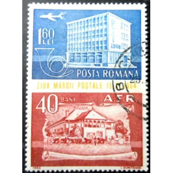 Selo postal da Romênia de 1934 Aircraft over modern post office