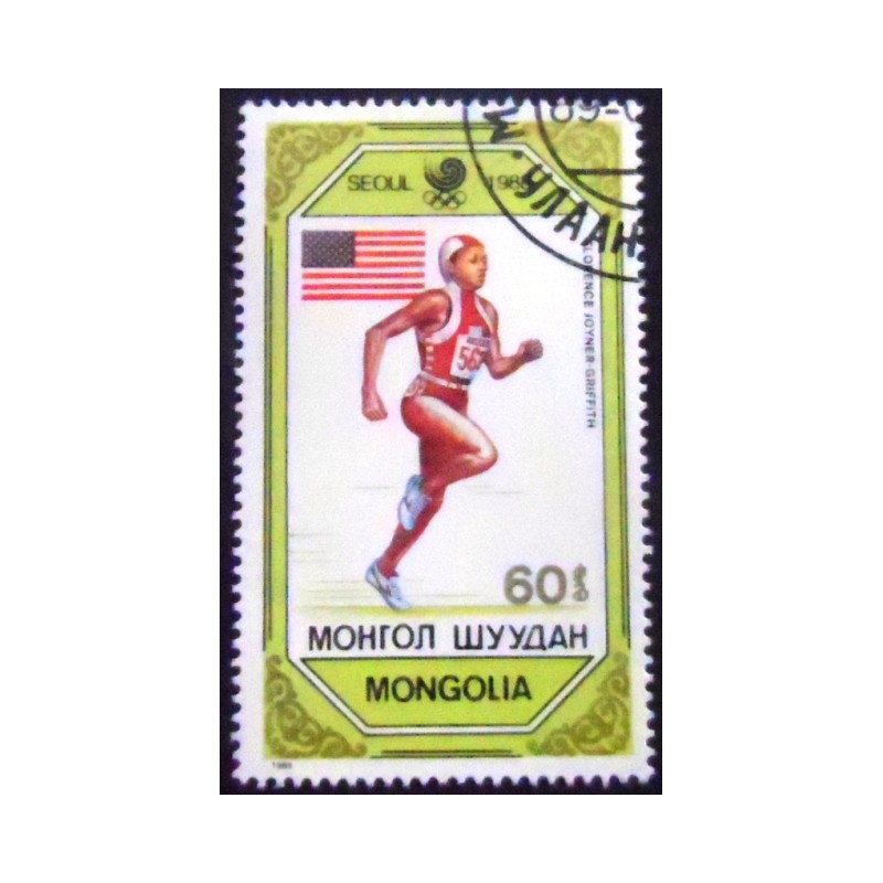 Imagem do selo postal da Mongólia de 1989 Florence Griffith