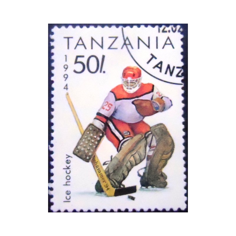 Imagem do selo postal da Tanzânia de 1994 Ice Hockey