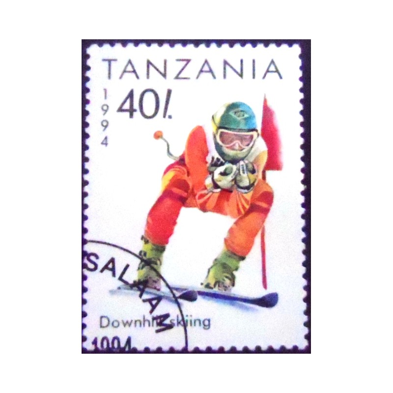 Imagem do selo postal da Tanzânia de 1994 Downhill Skiing