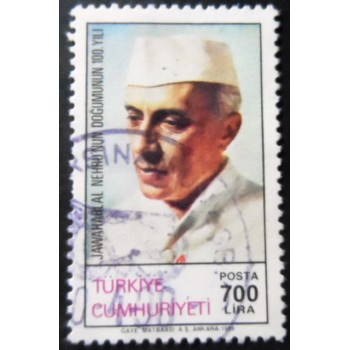 Selo postal da Turquia de 1989 Jawaharlal Nehru