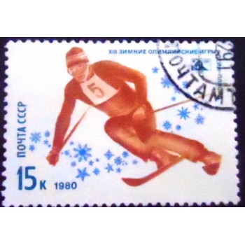 Imagem do selo postal da União Soviética de 1980 Alpine Skiing