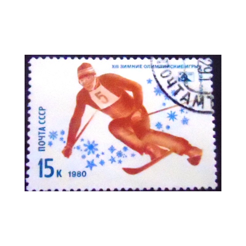 Imagem do selo postal da União Soviética de 1980 Alpine Skiing