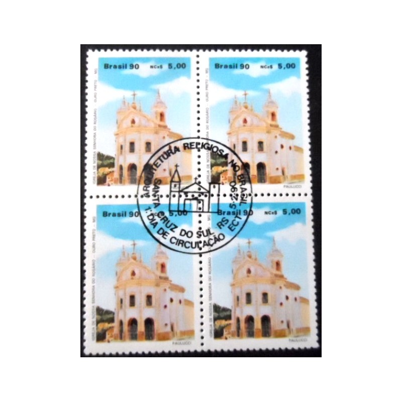 Quadra de selos postais do Brasil de 1990 Igreja N. S. Rosário MG RS