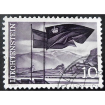 Selo postal de Liechtenstein de 1959 Flags in front of the Rhine valley