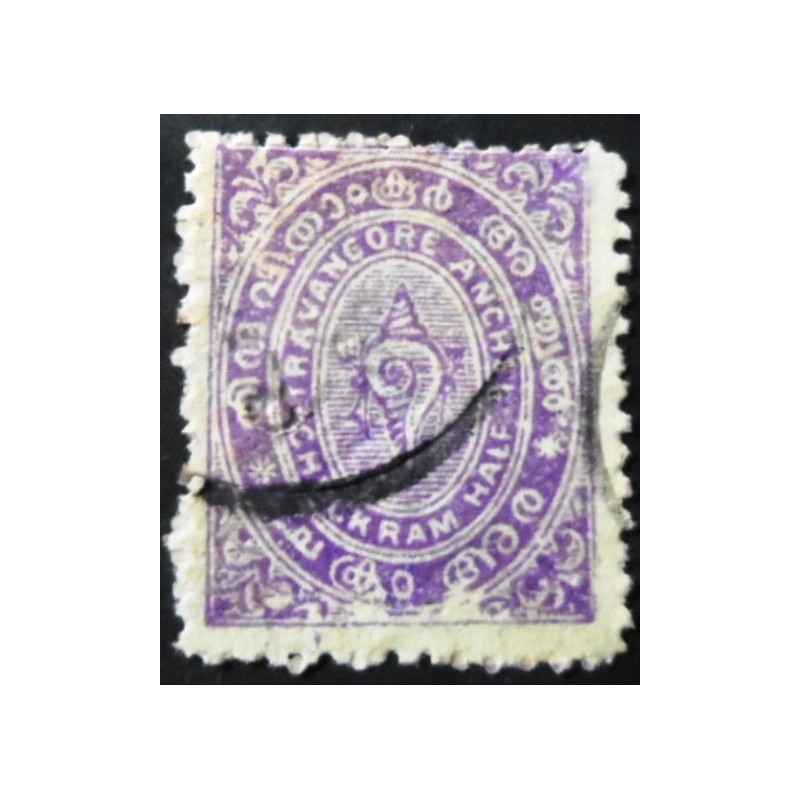 Selo postal do Travancore de 1894 - State Emblem Conch Shell ½ U